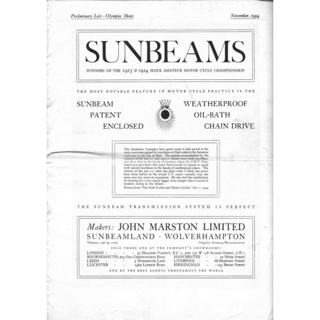 1924 Sunbeam Prelim list for 1925 Models - Olympia show