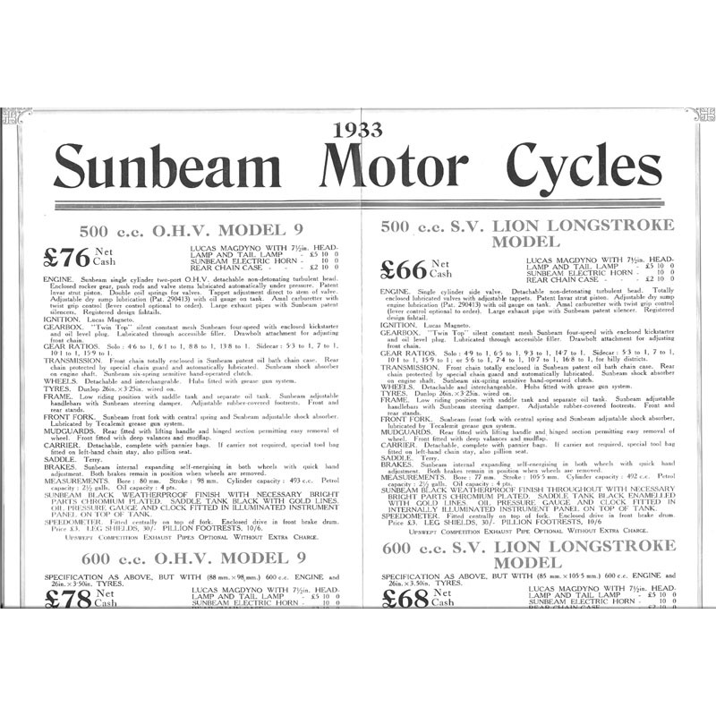 1933 Sunbeam Preliminary list