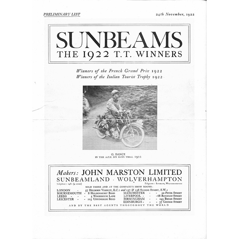 1922 Sunbeam Preminary list of 1923 Models