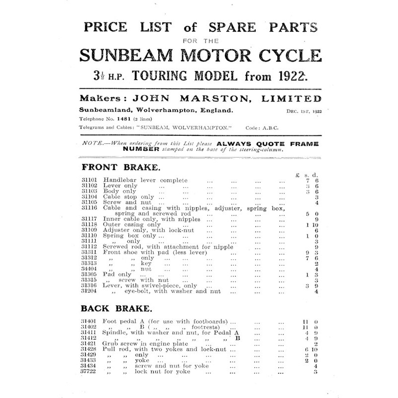 1922 Sunbeam 31/2HP Spares list