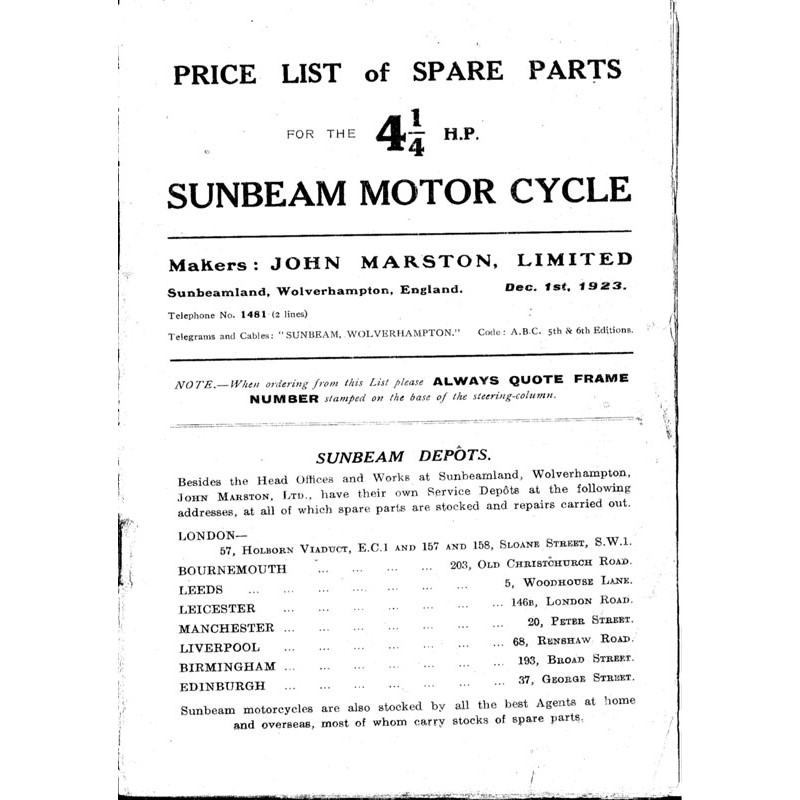 1923 Sunbeam 41/4HP Spares list