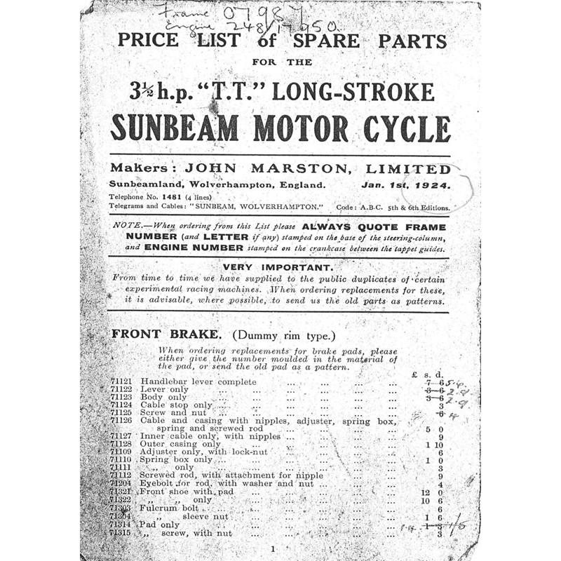1924 Sunbeam 31/2HP TT Longstroke Spares list