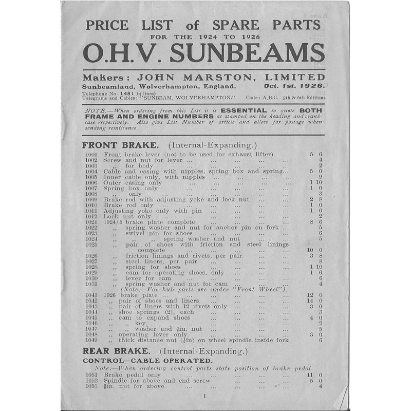 1926 Sunbeam Spares List for OHV Models 1924-26