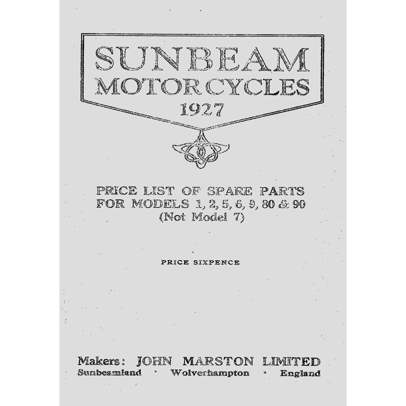 1927 Sunbeam Spares List - all models exc M7