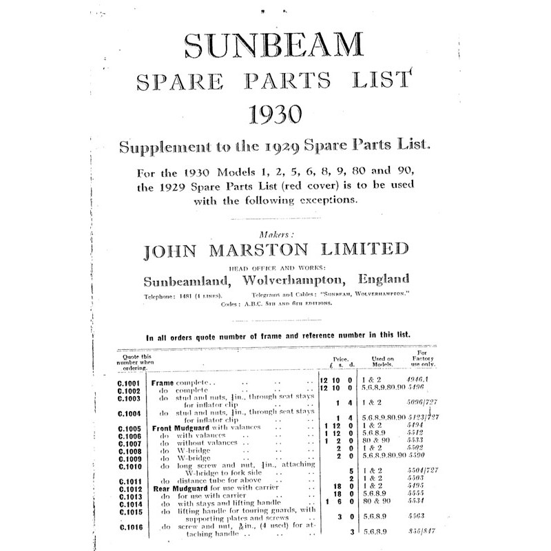 1930 Sunbeam Spares List - supp to 29 list