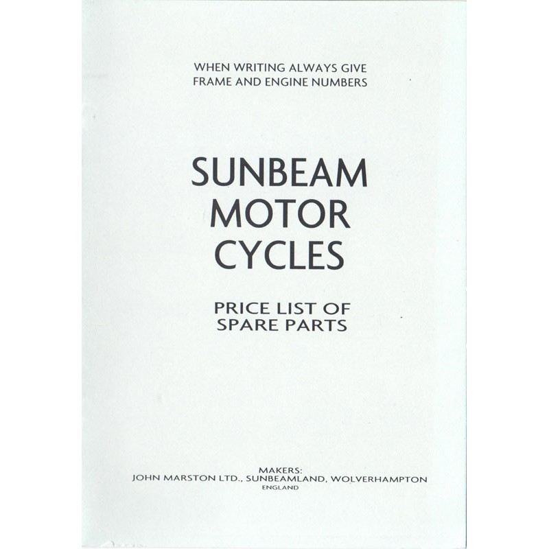 1932 Sunbeam Spares list - 500/600 only