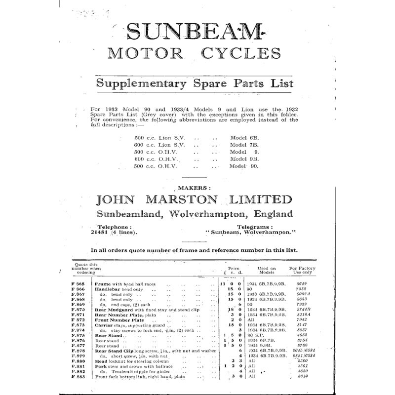 1933 Sunbeam Supp to 32 spares list for 33/34