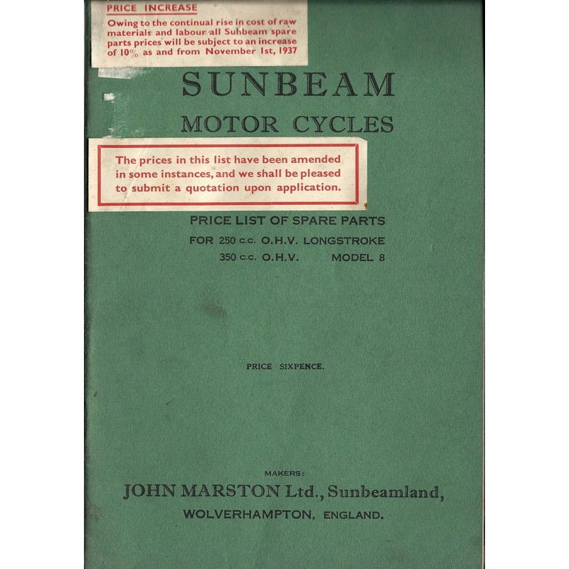 1933 Sunbeam Spares list for 250/350