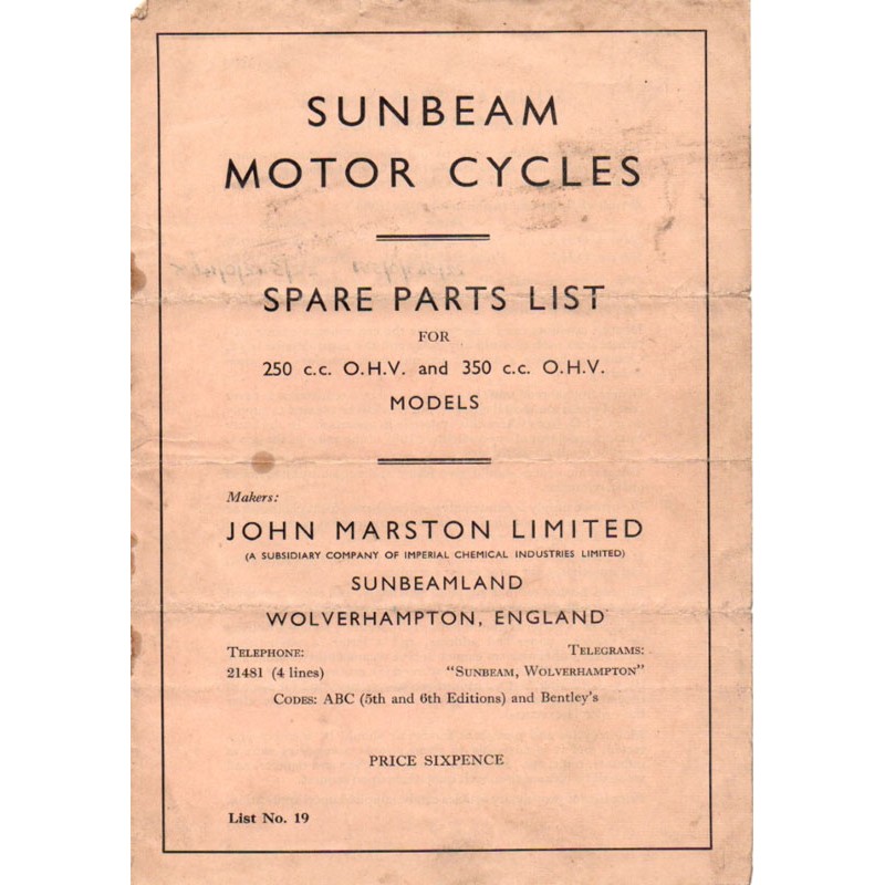 1936 Sunbeam Spares list - 250/350 only
