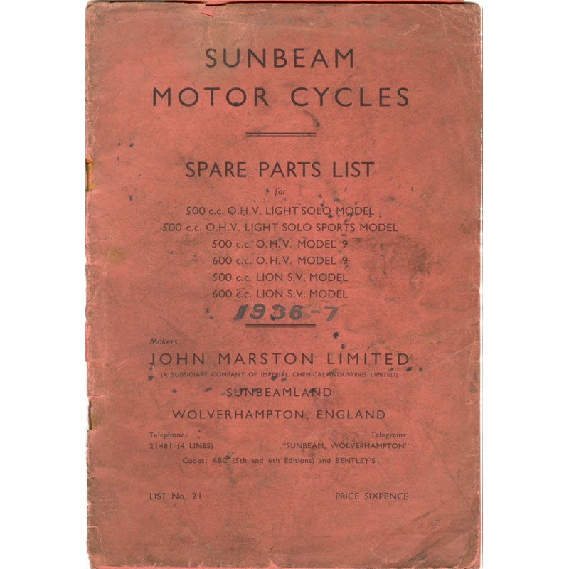 1937 Sunbeam Spares list - all exc 250 & 350 models