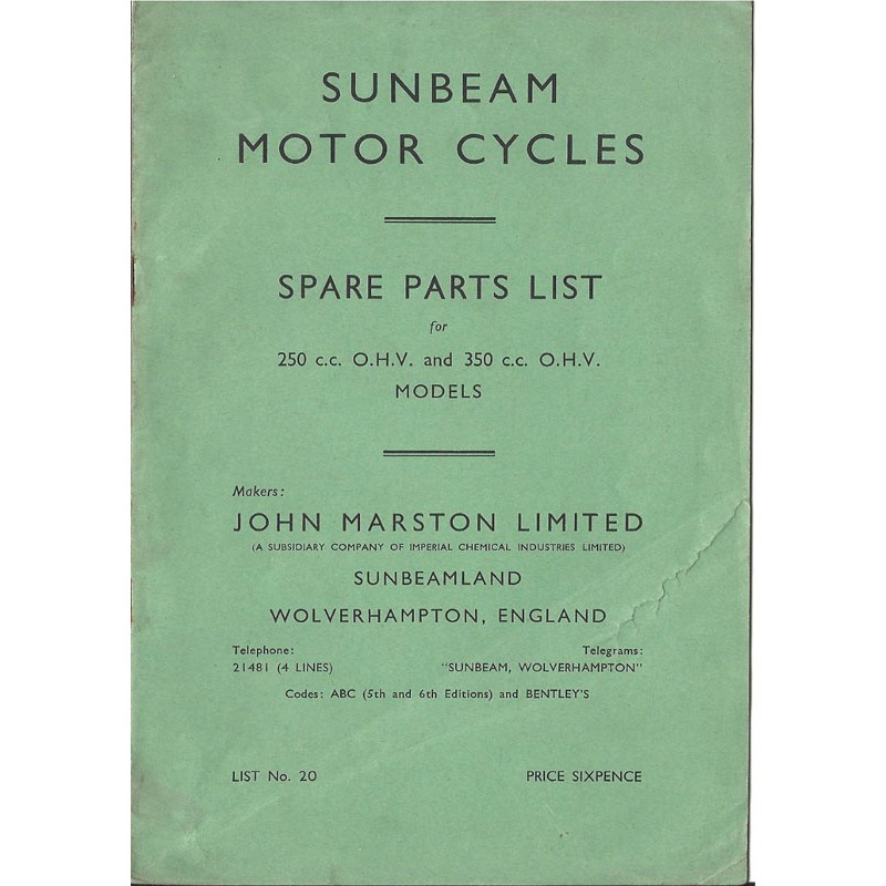1937 Sunbeam Spares list - 250 & 350 models