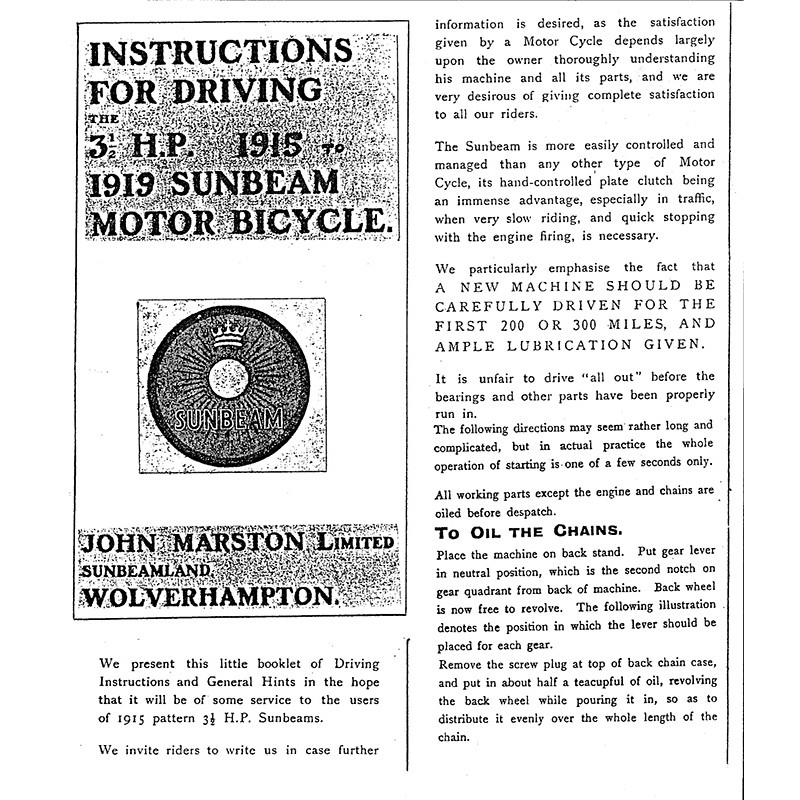 1919 Sunbeam 31/2HP Driving Instructions 1915-1919