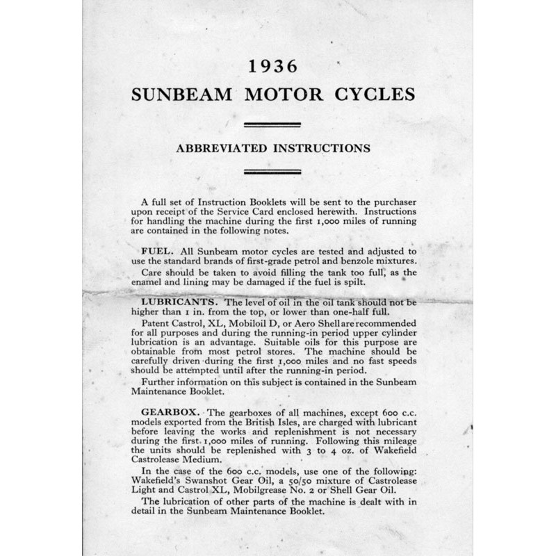 1936 Sunbeam Abbreviated instructions