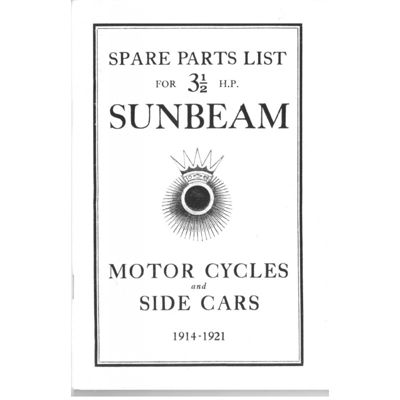 1921 Sunbeam 31/2HP Spares list 1914-1921